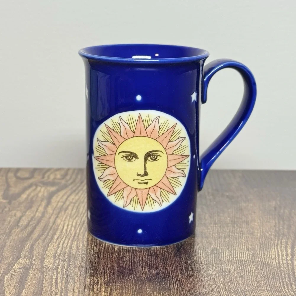 VTG 90s Pier 1 Celestial Sun Cobalt Blue Ceramic 10oz Coffee Mug Cup Whimsical